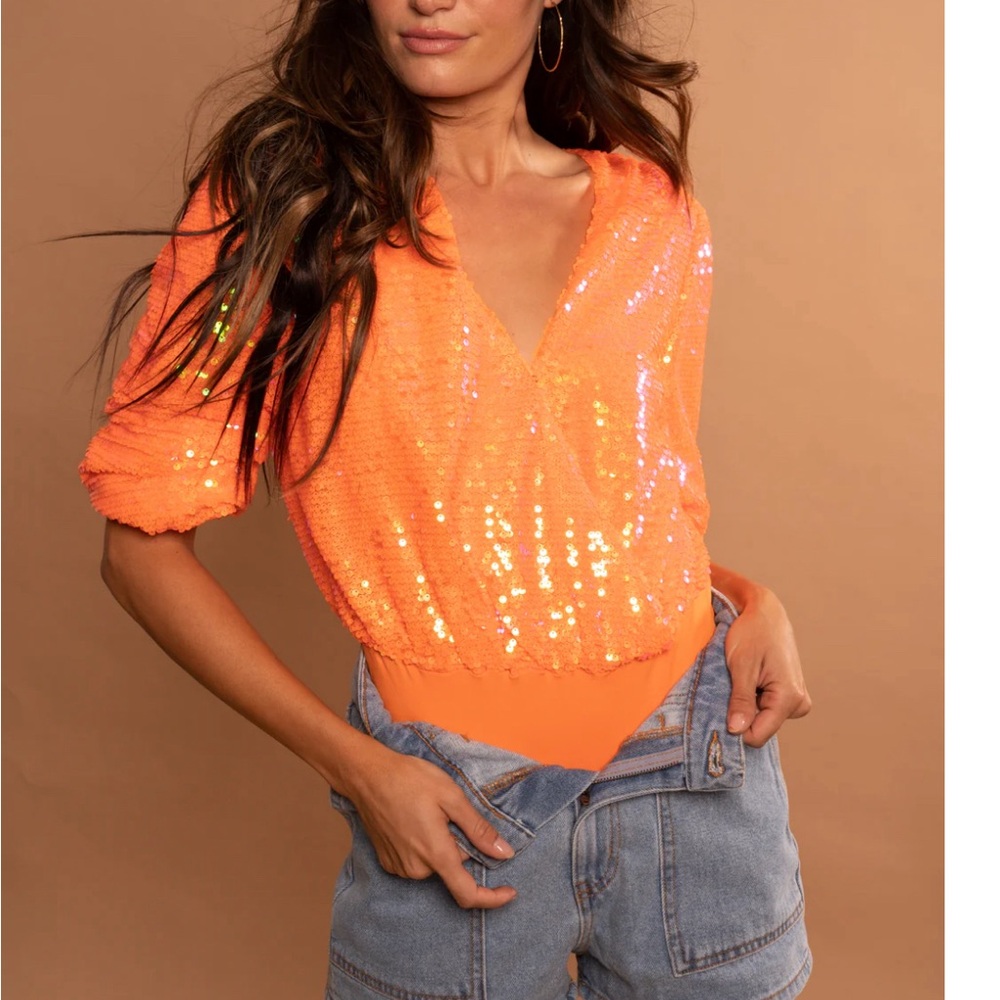 Women's Orange Sequin V-Neck Top